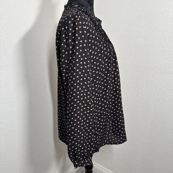 Adrianna Papell Black Heart Print Pleated Button-Front Blouse Long Sleeve Womens - Picture 3 of 7